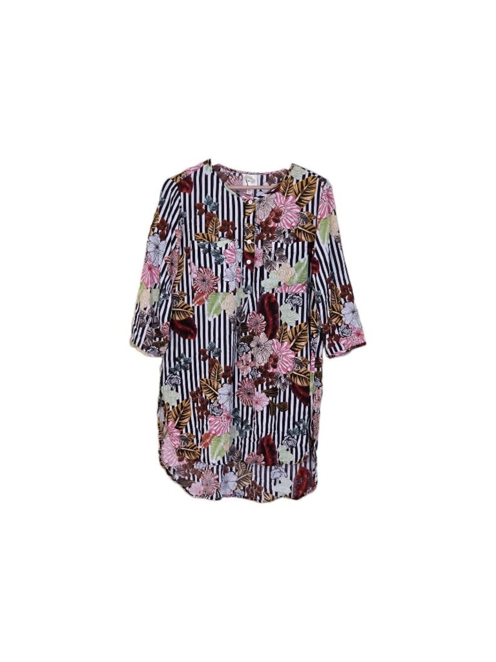 Fig & Flower Henley Tunic Top M Floral Striped Half Sleeves High Low Hem Boho